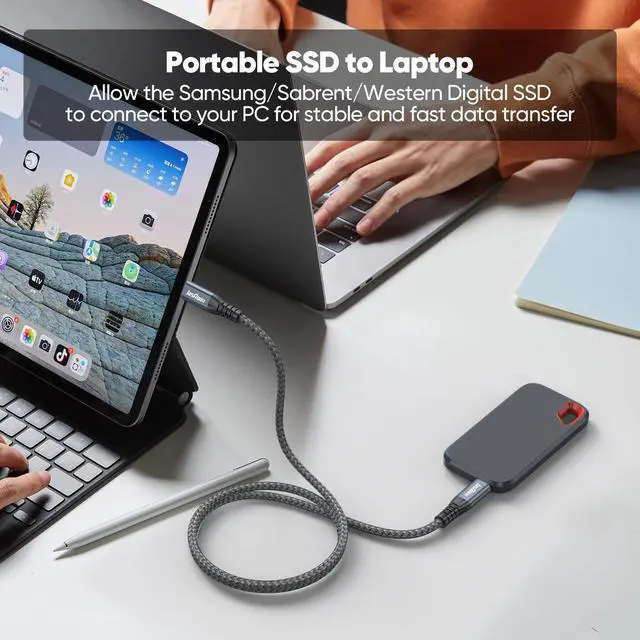 Alt view image 4 of 5 - JasRoum USB C 3.2 Gen 2 Cable 20ft with 10Gbps High Speed Data Transfer & 140W Charging & 4K@60Hz Type C Monitor Cord Braided for Monitor Portable SSD Hub Docking Station Laptop Phone etc.