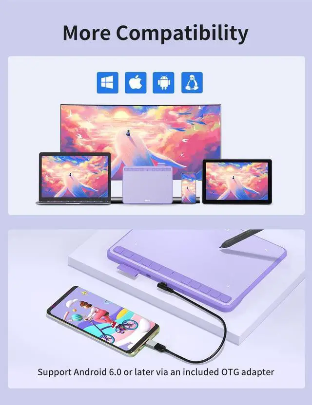 Alt view image 4 of 5 - Ugee Drawing Tablet 6.5x4 Inches Computer Graphics Tablets with 10 Hot KeysDigital Tablet Battery-Free Stylus 8192 Pressure Sensitivity 60°Tilt Function Drawing Pad for PC,Mac,Windows,Android-Purple