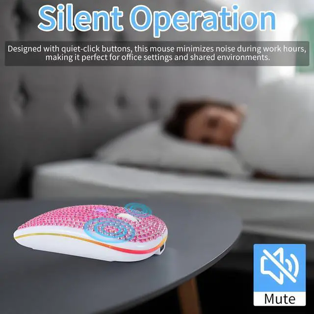 Alt view image 4 of 5 - Rechargeable Bluetooth Wireless Mouse with Bling Crystal Rhinestones & 7-Color LED Lights - Silent Dual Mode Wireless Mouse for Laptops, PCs, and Macs - Perfect for Office, Travel & Home Use (Pink)