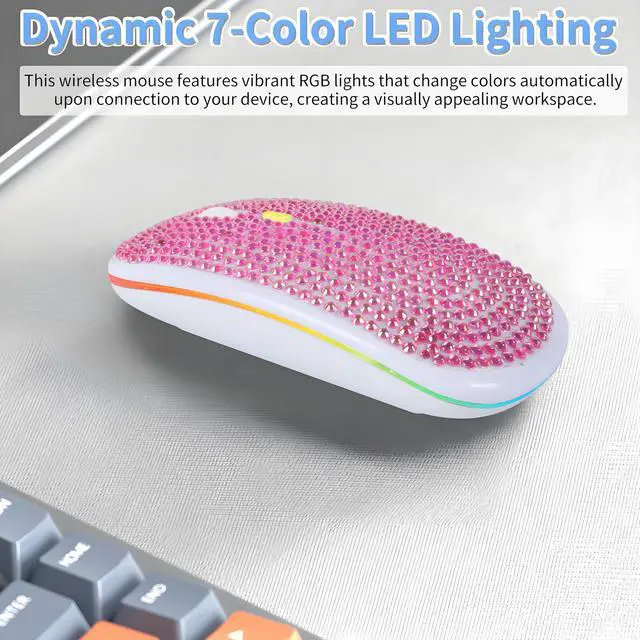 Alt view image 3 of 5 - Rechargeable Bluetooth Wireless Mouse with Bling Crystal Rhinestones & 7-Color LED Lights - Silent Dual Mode Wireless Mouse for Laptops, PCs, and Macs - Perfect for Office, Travel & Home Use (Pink)