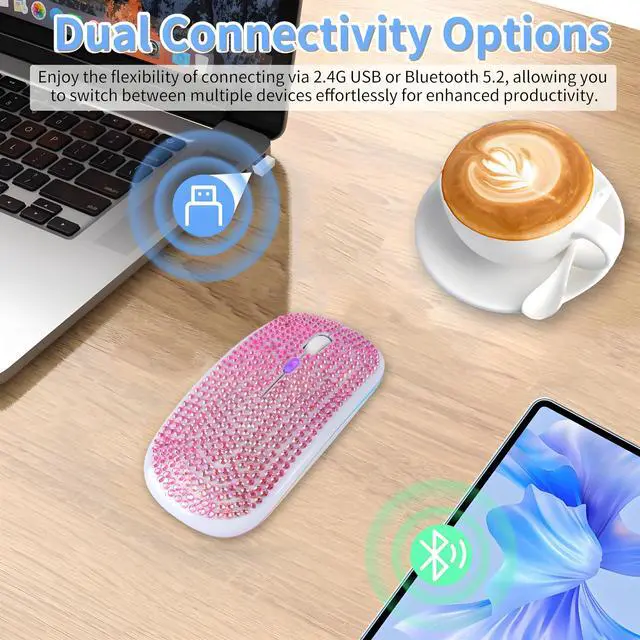 Alt view image 2 of 5 - Rechargeable Bluetooth Wireless Mouse with Bling Crystal Rhinestones & 7-Color LED Lights - Silent Dual Mode Wireless Mouse for Laptops, PCs, and Macs - Perfect for Office, Travel & Home Use (Pink)