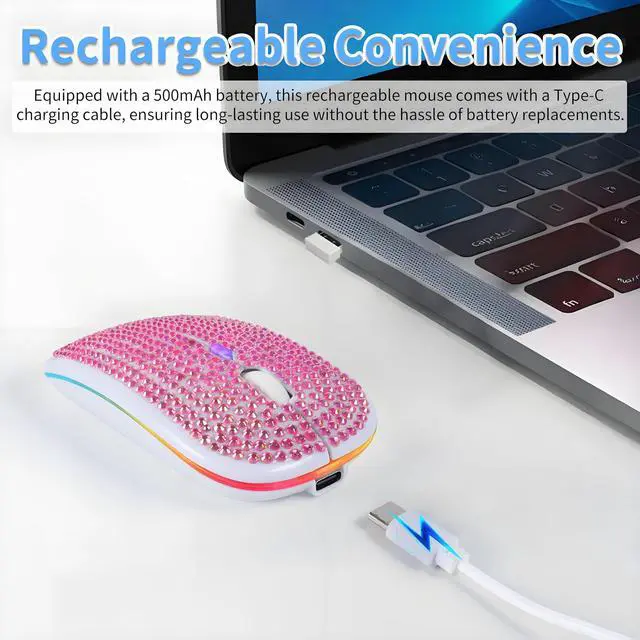 Alt view image 5 of 5 - Rechargeable Bluetooth Wireless Mouse with Bling Crystal Rhinestones & 7-Color LED Lights - Silent Dual Mode Wireless Mouse for Laptops, PCs, and Macs - Perfect for Office, Travel & Home Use (Pink)