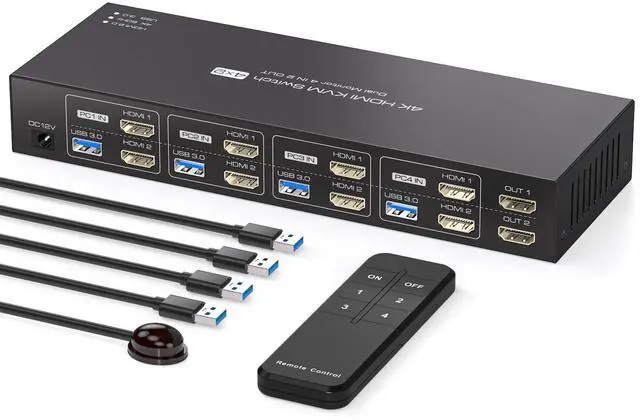 Main image of PVBCTCSID HDMI KVM Switch 2 Monitors 4 Computers EDID 4K60Hz for 4 PC Sharing Dual Monitor and 4 USB 3.0 Devices with Controller