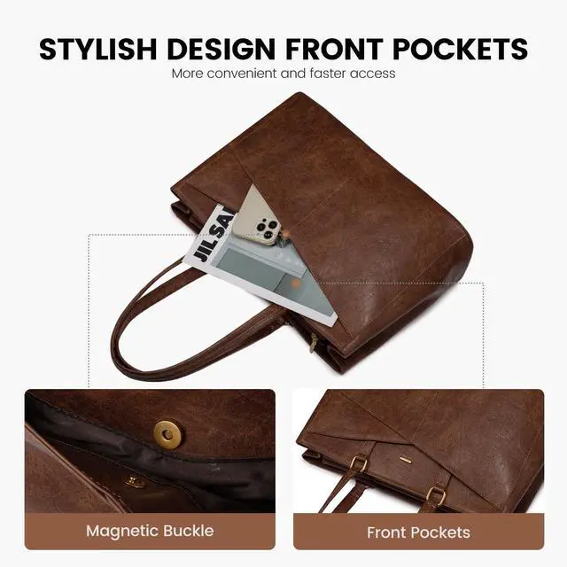 Alt view image 3 of 5 - LOVEVOOK Laptop Bag for Women,15.6 Inch Laptop Tote Bag for Women,Vintage Leather Work Tote Bags Computer Business Teacher Bag,Waterproof Office Briefcase