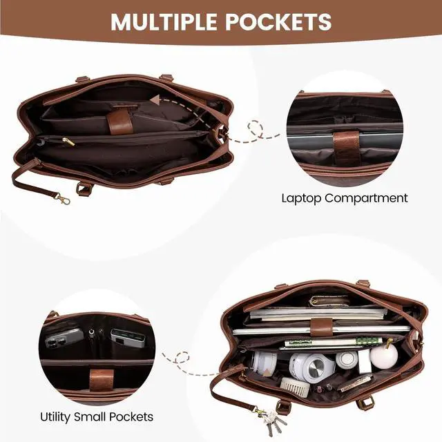 Alt view image 4 of 5 - LOVEVOOK Laptop Bag for Women,15.6 Inch Laptop Tote Bag for Women,Vintage Leather Work Tote Bags Computer Business Teacher Bag,Waterproof Office Briefcase