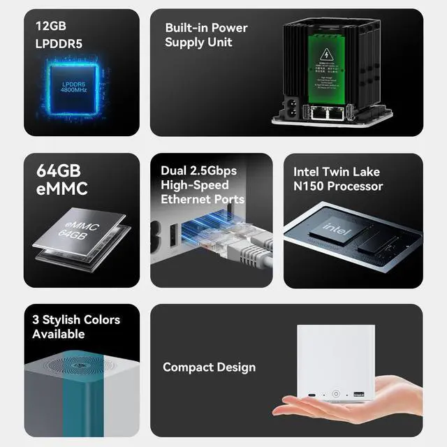 Alt view image 2 of 5 - Beelink ME Mini PC, Intel N150(4C/4T, up to 3.6GHz), 12GB LPDDR5, 64GB eMMC, 6*M.2 SSD Slots, ME Mini Computer Support Dual 2.5G LAN, Cloud Disk, Virtual Machine, Soft Router, NAS, HTPC