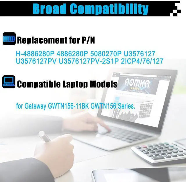 Alt view image 3 of 5 - AOMKA H-4886280P U3576127PV-2S1P Laptop Battery Replacement for Gateway GWTN156-11BK GWTN156 Series U3576127PV U3576127 5080270P 4886280P 38Wh
