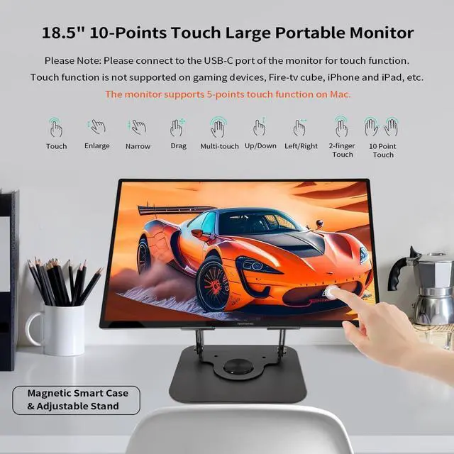 Alt view image 2 of 5 - 18.5 Inch Touchscreen Large Portable Monitor Metal Shell IPS HDR 1080P with Smart Cover & Rotatable Stand & Speakers, 99% sRGB, 350cd/m², VESA, USB-C HDMI External Touch Screen for Mac/Laptop/PC/Phone