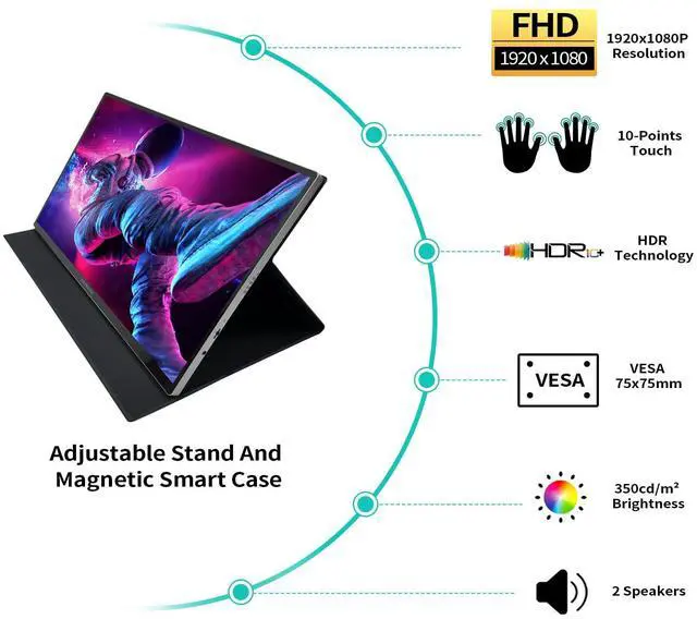 Alt view image 4 of 5 - 18.5 Inch Touchscreen Large Portable Monitor Metal Shell IPS HDR 1080P with Smart Cover & Rotatable Stand & Speakers, 99% sRGB, 350cd/m², VESA, USB-C HDMI External Touch Screen for Mac/Laptop/PC/Phone