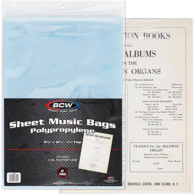 Main image of BCW Sheet Music Bags | Archival Quality, Acid-Free, Crystal Clear Polypropylene Bags with 1½ Inch Flap | Protect and Store Collectible Sheet Music and Songbooks | 9 3/8" x 12 1/4
