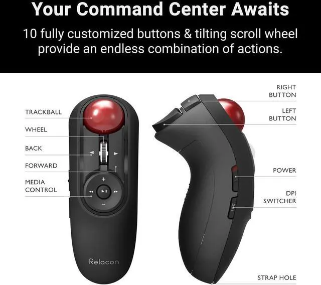 Alt view image 4 of 5 - ELECOM Relacon Handheld Trackball Mouse, Thumb Control, 2.4GHz Wireless, Ergonomic Design, 10-Button Function with Smooth Tracking, Windows11, MacOS (M-RT1DRBK)