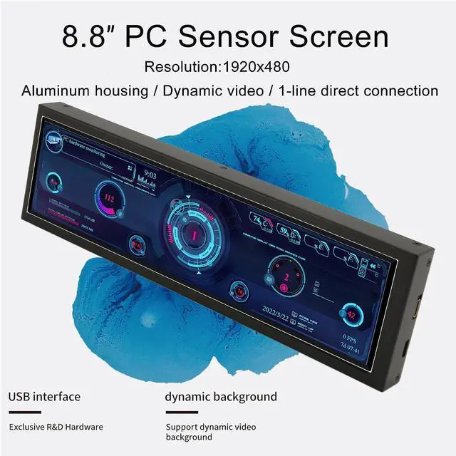Alt view image 2 of 5 - 8.8in USB Mini Screen, USB C PC Sensor Panel Display, AIDA64 PC CPU Data Monitor, PC Computer Temp Mini Secondary Screen for Desktop Chassis (Without Touch)