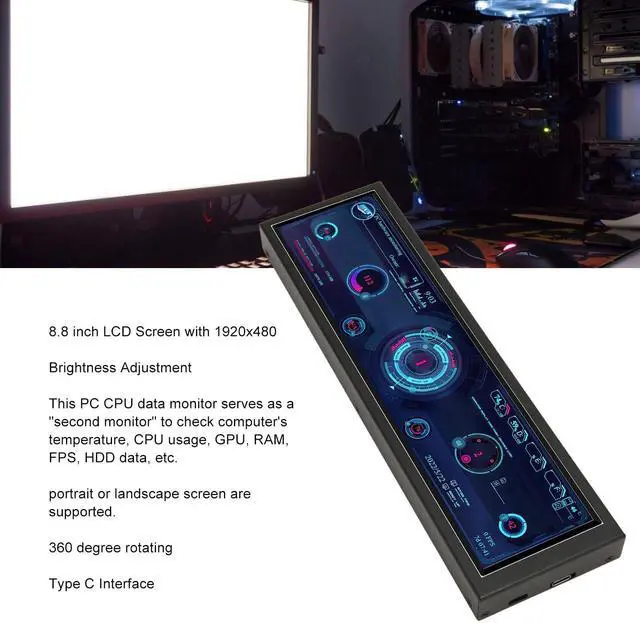 Alt view image 4 of 5 - 8.8in USB Mini Screen, USB C PC Sensor Panel Display, AIDA64 PC CPU Data Monitor, PC Computer Temp Mini Secondary Screen for Desktop Chassis (Without Touch)