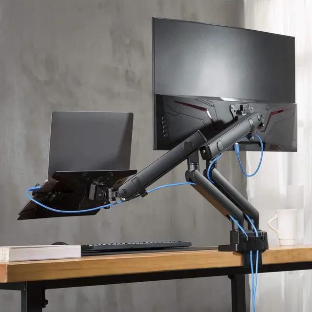 Alt view image 2 of 5 - AVLT Laptop and Monitor Arm - Mount 15.6" Notebook and 38" Monitor on 2 Full Motion Adjustable Arms - Organize Your Work Surface with Ergonomic VESA Monitor Mount