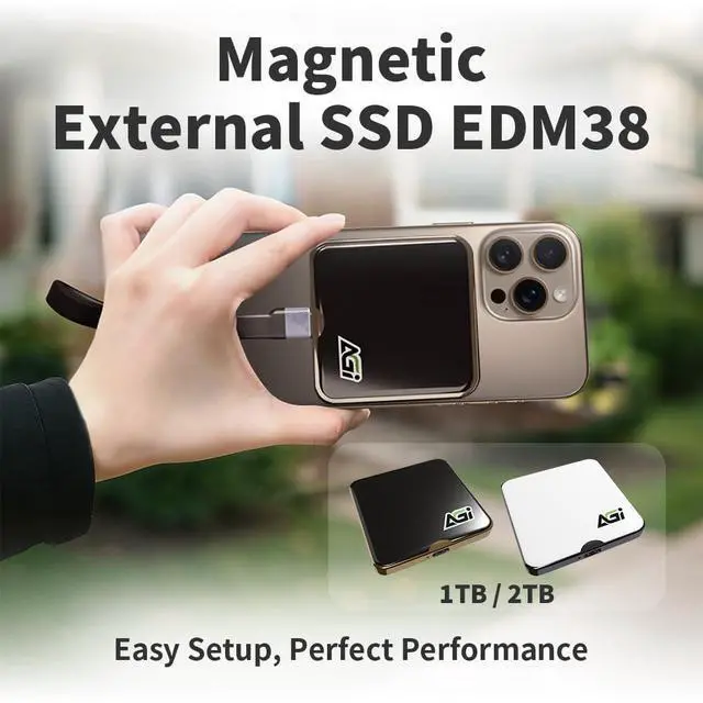 Alt view image 2 of 5 - AGI EDM38 Magnetic Portable 1TB SSD, 2050 MB/s Type-C USB 3.2 Gen 2x2 Storage(Black), 4K ProRes Record and Store, External Solid State Drive for iPhone 16/15 Pro Max, Smartphone, Tablet, Laptop