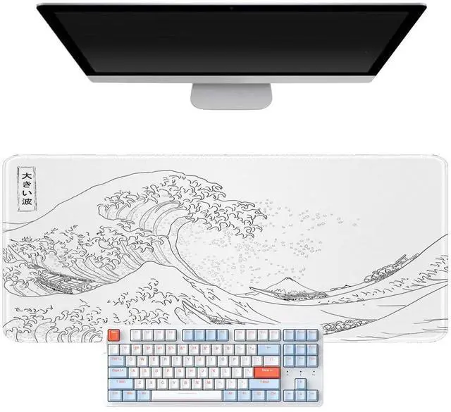 Alt view image 2 of 5 - llsxi Large Gaming Mouse Pad with Stitched Edges,Non-Slip Base Desk Pad,White Wave of Japanese Kanagawa Mouse Pad,XXL 15.7x35.4 inch Extended Keyboard Pad Long Desk Pad for Office and Game