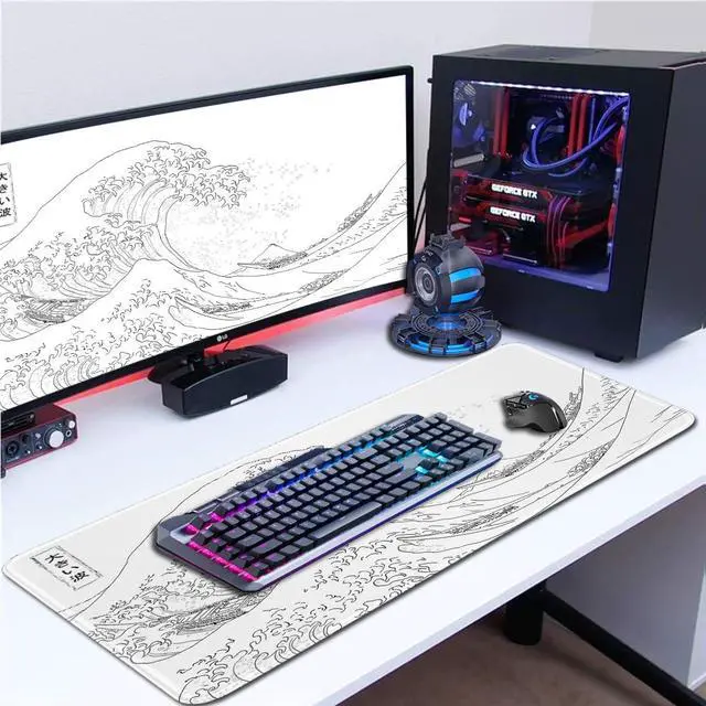 Alt view image 3 of 5 - llsxi Large Gaming Mouse Pad with Stitched Edges,Non-Slip Base Desk Pad,White Wave of Japanese Kanagawa Mouse Pad,XXL 15.7x35.4 inch Extended Keyboard Pad Long Desk Pad for Office and Game