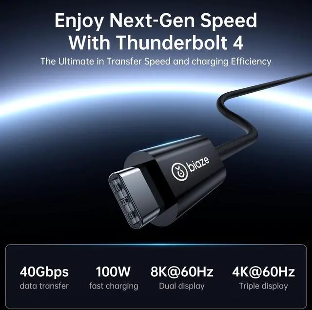 Alt view image 2 of 5 - biaze Silver Plated Thunderbolt 4 Cable, 40Gbps Data Sync, 8K/6K@60Hz, 100W Charging (6.5FT)