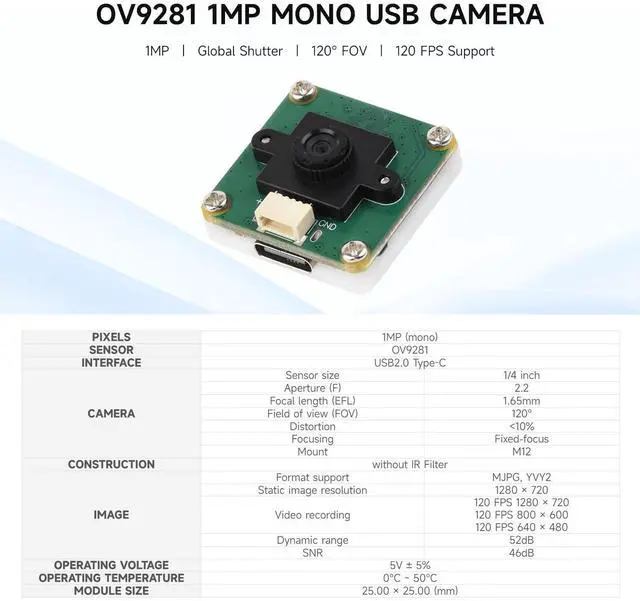 Alt view image 3 of 5 - Waveshare OV9281 1MP Mono USB Camera (A), Supports 120FPS High Frame Rate Recording, Global Shutter for Clearer Imaging