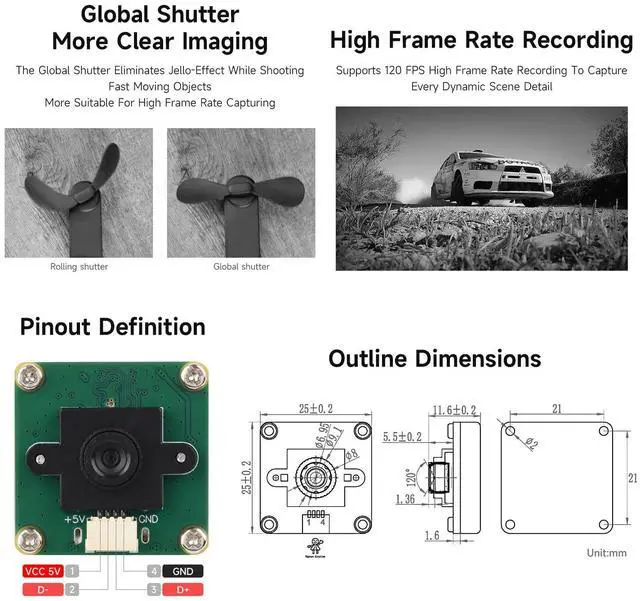 Alt view image 5 of 5 - Waveshare OV9281 1MP Mono USB Camera (A), Supports 120FPS High Frame Rate Recording, Global Shutter for Clearer Imaging