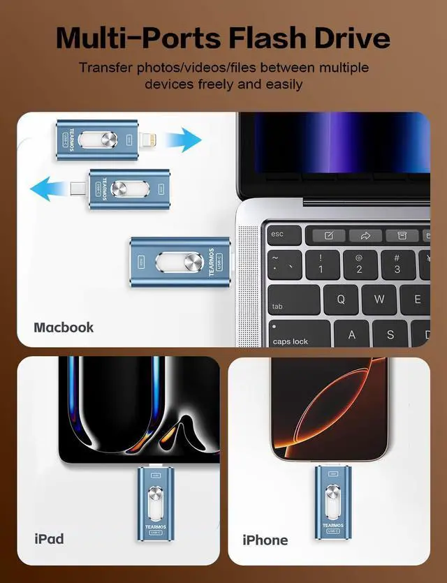 Alt view image 2 of 5 - TEARMOS 512GB Photo Stick for iPhone Flash Drive, Memory Stick Phone Storage for Photos and Videos Files Backup, Compatible with iPhone iPad Android PC, Plug & Play, No App Required (Blue)