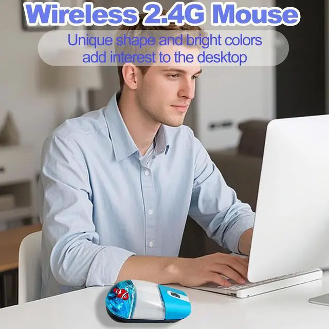 Alt view image 4 of 5 - Wireless Mouse Cute Clear Water Silent Lightweight Portable Aqua Transparent Liquid Optical Retro Cordless Mice with USB Reciever Floater Clownfish for PC Laptop Computer MacBook Girl Boy Gift (Blue)