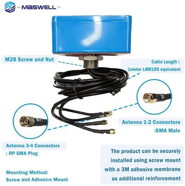 Alt view image 3 of 5 - Maswell 4 Combo 5G 2X2 MIMO Plus WIFI7 2X2 MIMO 700-6000MHz Antenna Cellular 5G 4G LTE Screw and Adhesive Mount omnidirectional Bluetooth Wimax Zigbee Antenna SMA Male RP SMA Plug Not for Boosting