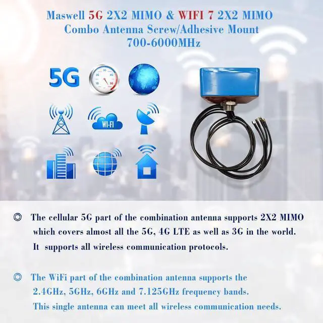 Alt view image 4 of 5 - Maswell 4 Combo 5G 2X2 MIMO Plus WIFI7 2X2 MIMO 700-6000MHz Antenna Cellular 5G 4G LTE Screw and Adhesive Mount omnidirectional Bluetooth Wimax Zigbee Antenna SMA Male RP SMA Plug Not for Boosting