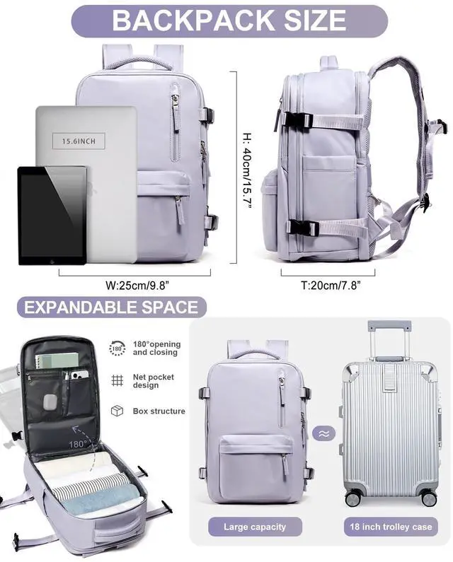 Alt view image 3 of 5 - Travel Backpack Women,Carry On Backpack Flight Approved 18x14x8 inches Bag Spirit Airlines Personal ltem,College Sports Hiking Rucksack Waterproof Casual Daypack Laptop Blackpack Men Taro Purple