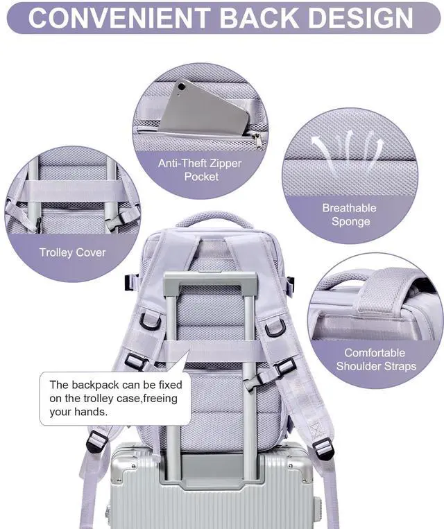 Alt view image 5 of 5 - Travel Backpack Women,Carry On Backpack Flight Approved 18x14x8 inches Bag Spirit Airlines Personal ltem,College Sports Hiking Rucksack Waterproof Casual Daypack Laptop Blackpack Men Taro Purple