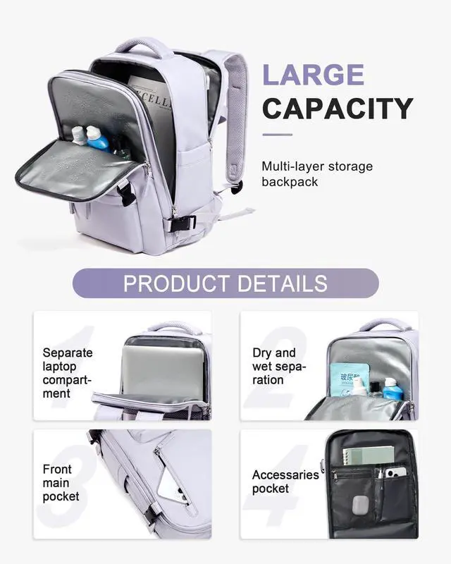 Alt view image 4 of 5 - Travel Backpack Women,Carry On Backpack Flight Approved 18x14x8 inches Bag Spirit Airlines Personal ltem,College Sports Hiking Rucksack Waterproof Casual Daypack Laptop Blackpack Men Taro Purple