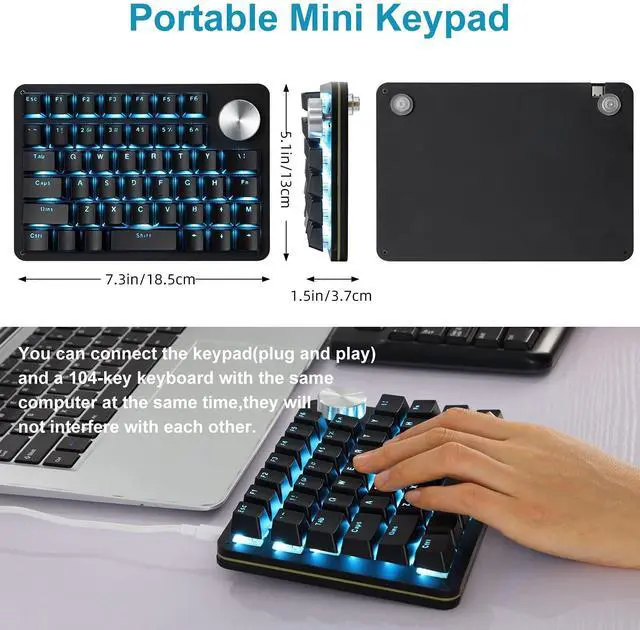 Alt view image 5 of 5 - Koolertron One Handed Mechanical Gaming Keyboard with 24 Macro Keys, 45-Key Fully Programmable Mini Keypad, Blue Backlit/Red Switches for Windows PC Gamers