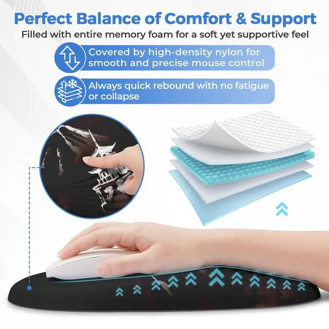 Alt view image 3 of 5 - ORIENWEEDA Ergonomic Mouse Pad with Wrist Support, Comfortable Entire Memory Foam, Wrist Pain Relief and Anti-Slip PU Base, Mousepad for Various Computers, Laptop PC (12x8x1.2inch, Fujisan Dark)