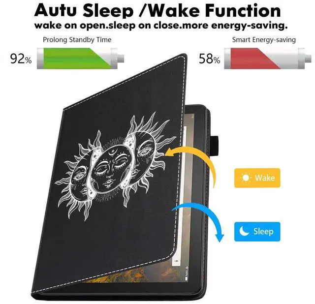 Alt view image 3 of 5 - Case for Amazon Fire HD 10 & 10 Plus Tablet 10.1" (13th/11th Gen, 2023/2021 Release), Moon and Sun with Many Fractal Faces Celestial Energy Mystic Art PU Leather Folio Case with Smart Auto Wake/Sleep