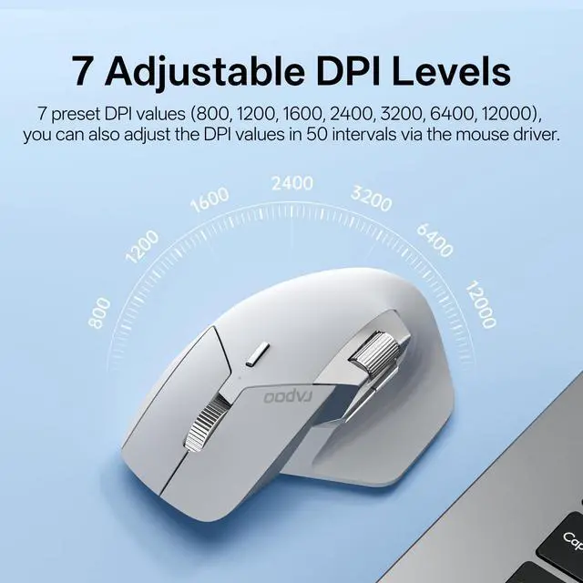 Alt view image 5 of 5 - Rapoo MT760 PRO Wireless Mouse, NearLink + Bluetooth 5.0 Multi-Device, 12K DPI, 2K Polling, Ergo for Work & Gaming, 11 Programmable Buttons, On-Board Memory, Quiet Clicks, USB-C, 120 Days Battery Life