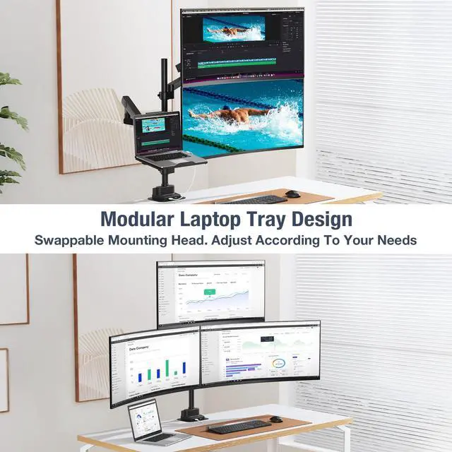 Alt view image 2 of 5 - AVLT Laptop & Dual 40 Inch Stacking Monitor Arm Pole Top Mount with USB-C USB-A Ports-Black, Supports 26.4 lbs (12kg), Ultrawide Screen Fit, VESA Compatible, Multi-Screen, Ergonomic Workspace Upgrade