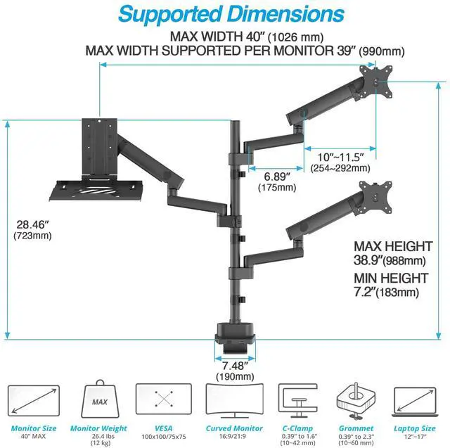 Alt view image 3 of 5 - AVLT Laptop & Dual 40 Inch Stacking Monitor Arm Pole Top Mount with USB-C USB-A Ports-Black, Supports 26.4 lbs (12kg), Ultrawide Screen Fit, VESA Compatible, Multi-Screen, Ergonomic Workspace Upgrade