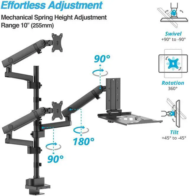 Alt view image 4 of 5 - AVLT Laptop & Dual 40 Inch Stacking Monitor Arm Pole Top Mount with USB-C USB-A Ports-Black, Supports 26.4 lbs (12kg), Ultrawide Screen Fit, VESA Compatible, Multi-Screen, Ergonomic Workspace Upgrade