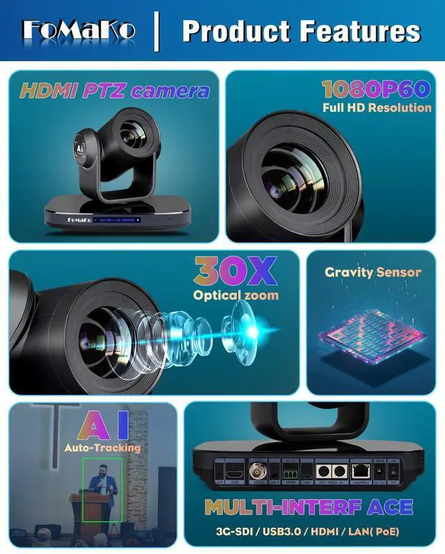 Alt view image 3 of 5 - FoMaKo PTZ Camera HDMI, 30X Optical Zoom, AI Auto-Tracking,1080P60 USB3.0 Type-C 3G-SDI HDMI, for Church Worship Education Conference Events, K30-New