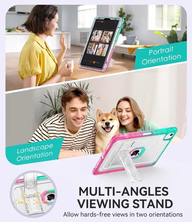 Alt view image 3 of 5 - ZoneFoker Case for iPad Air 5th/ 4th Generation Case (2022/2020) 10.9'', for iPad Pro 11 Inch (4th/3rd/2nd/1st Gen), Hard Slim Cover for iPad Air 5 4 th with Pencil Holder/Stand, Pink to Teal Glitter