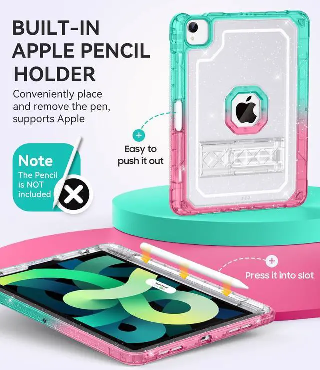 Alt view image 4 of 5 - ZoneFoker Case for iPad Air 5th/ 4th Generation Case (2022/2020) 10.9'', for iPad Pro 11 Inch (4th/3rd/2nd/1st Gen), Hard Slim Cover for iPad Air 5 4 th with Pencil Holder/Stand, Pink to Teal Glitter
