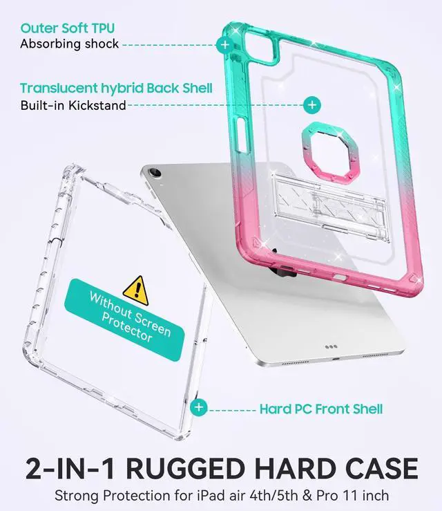 Alt view image 5 of 5 - ZoneFoker Case for iPad Air 5th/ 4th Generation Case (2022/2020) 10.9'', for iPad Pro 11 Inch (4th/3rd/2nd/1st Gen), Hard Slim Cover for iPad Air 5 4 th with Pencil Holder/Stand, Pink to Teal Glitter