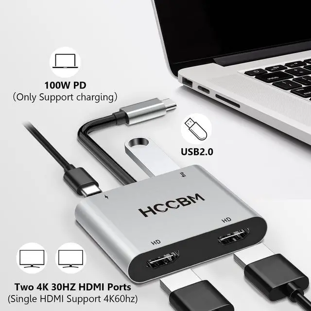 Alt view image 2 of 5 - USB C to Dual HDMI Adapter, Dual Monitors Adapter USB C Hub with 2 HDMI, USB-A, 100W PD Docking Station 4K @60hz for MacBook HP Dell Surface Thinkpad