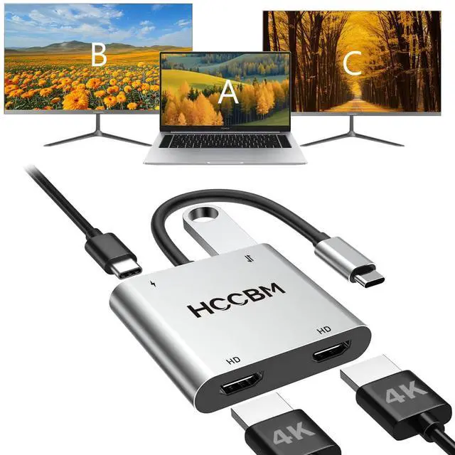 Main image of USB C to Dual HDMI Adapter, Dual Monitors Adapter USB C Hub with 2 HDMI, USB-A, 100W PD Docking Station 4K @60hz for MacBook HP Dell Surface Thinkpad