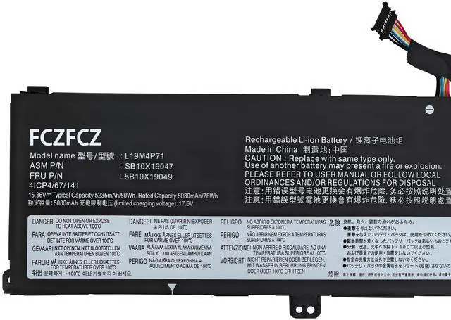 Alt view image 2 of 5 - FCZFCZ L19M4P71 Battery 80Wh 5235mAh Replacement for Lenovo ThinkPad P1 Gen 3 / ThinkPad X1 Extreme 3rd Gen Series SB10X19047 5B10X19049 L19C4P71 SB10X19048 5B10X19050 15.36V 4-Cells