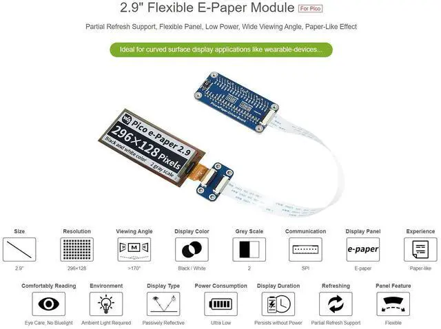 Alt view image 2 of 5 - Waveshare 2.9inch Flexible E-Paper E-Ink Display Module for Raspberry Pi Pico 296×128 Pixels Black/White SPI Interface Partial Refresh Support