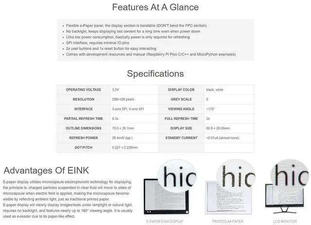 Alt view image 3 of 5 - Waveshare 2.9inch Flexible E-Paper E-Ink Display Module for Raspberry Pi Pico 296×128 Pixels Black/White SPI Interface Partial Refresh Support