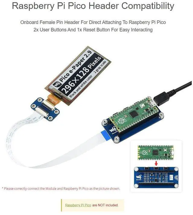 Alt view image 4 of 5 - Waveshare 2.9inch Flexible E-Paper E-Ink Display Module for Raspberry Pi Pico 296×128 Pixels Black/White SPI Interface Partial Refresh Support