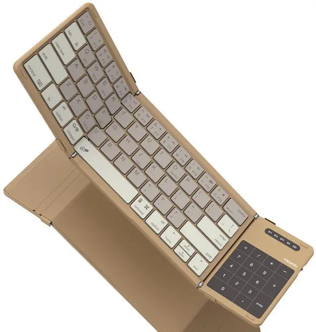 Main image of Nillkin Foldable Travel Keyboard with Touchpad & Number Pad, Bluetooth Wireless Portable Folding Full Size Keyboard with Trackpad for PC Laptop iPad Tablets Smartphone, Silicone Leather Cover, Khaki