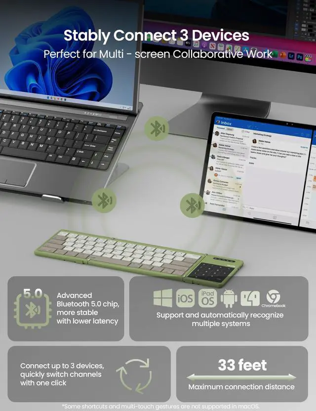 Alt view image 2 of 5 - Nillkin Foldable Travel Keyboard with Touchpad & Number Pad, Bluetooth Wireless Portable Folding Full Size Keyboard with Trackpad for PC Laptop iPad Tablets Smartphone, Silicone Leather Cover, Khaki